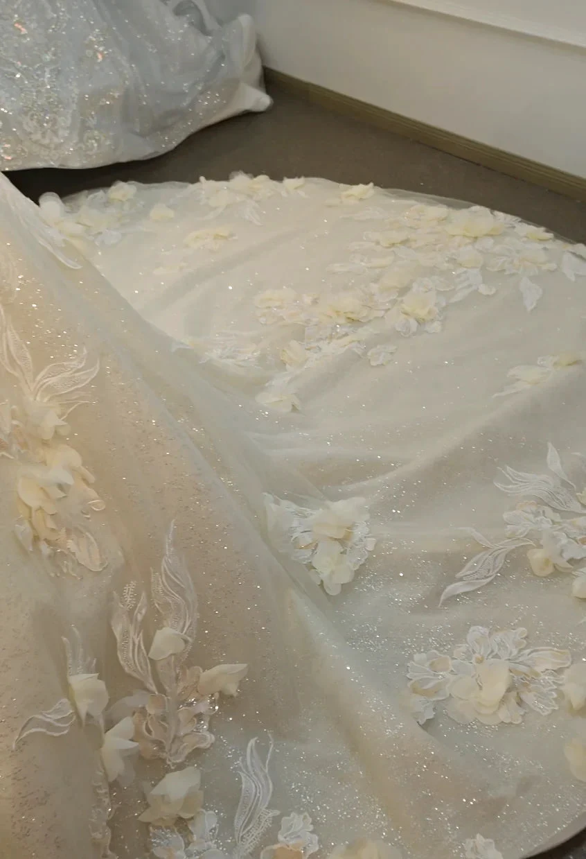 Ethereal Off-the-Shoulder Ball Gown Wedding Dress with 3D Floral Appliqués, Pearl Beading & Glitter Tulle Ye-2038 by ZAPDRESS