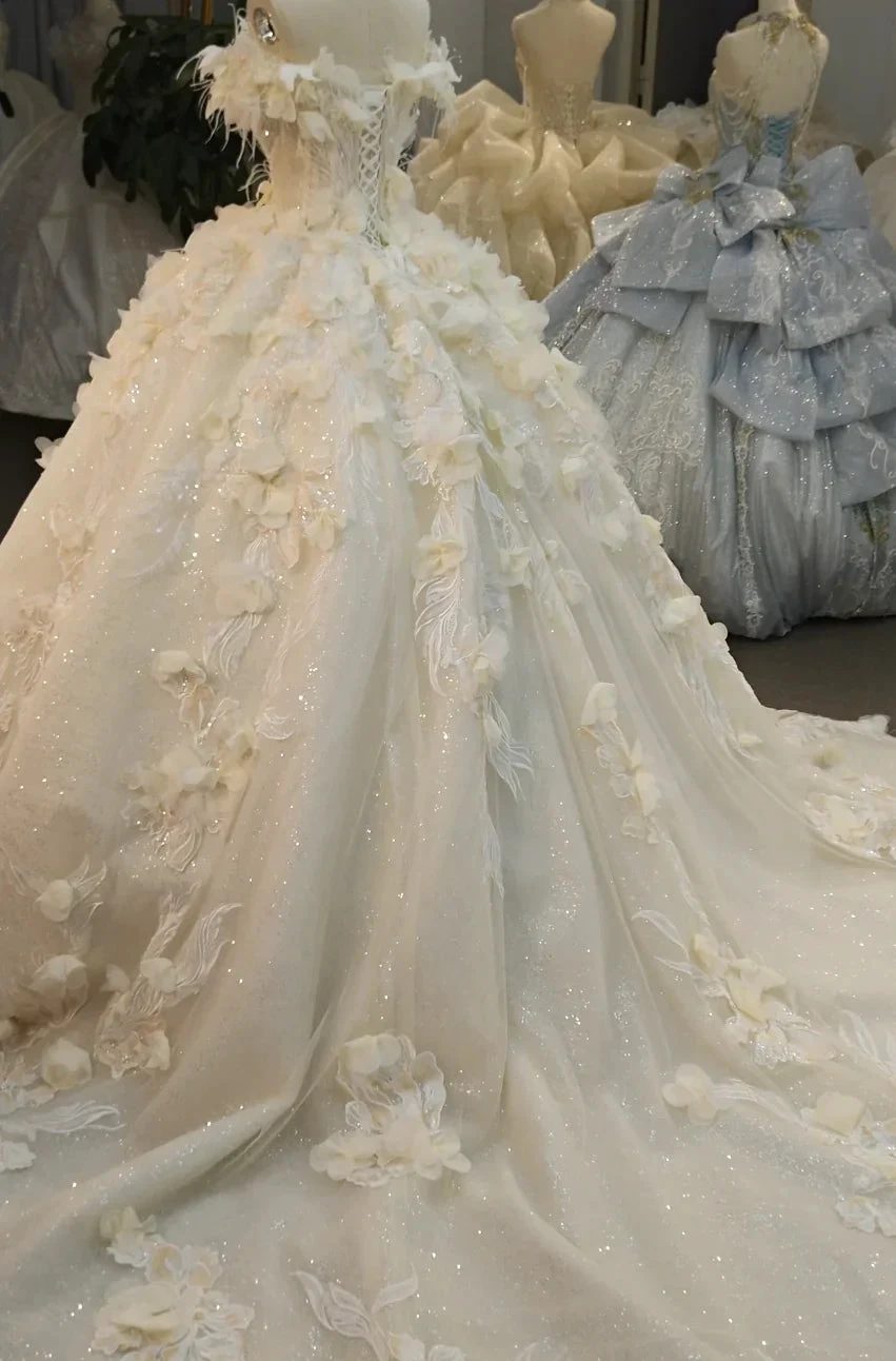 Ethereal Off-the-Shoulder Ball Gown Wedding Dress with 3D Floral Appliqués, Pearl Beading & Glitter Tulle Ye-2038 by ZAPDRESS