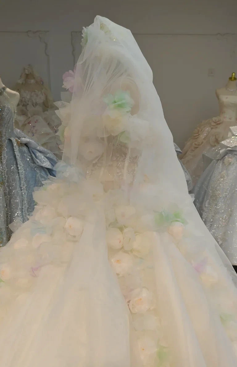 Whimsical Sweetheart Ball Gown Wedding Dress with 3D Pastel Florals & Sheer Tulle Train Ye-2039 by ZAPDRESS