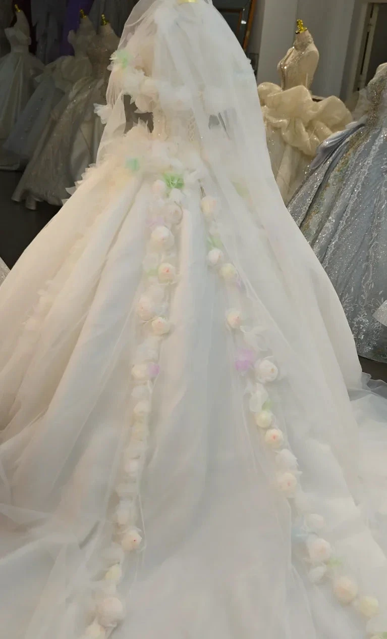 Whimsical Sweetheart Ball Gown Wedding Dress with 3D Pastel Florals & Sheer Tulle Train Ye-2039 by ZAPDRESS