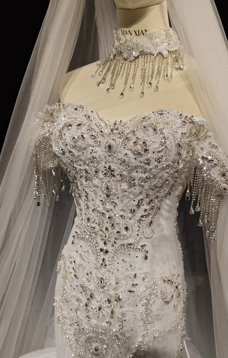 Cascade Bead Tulle Train Gown by ZAPDRESS