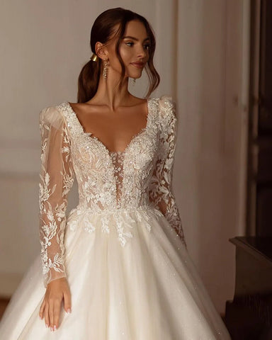 Glitter Champagner Brautkleider Langarm Appliques Spitze Moderne Brautkleid Tüll Brautkleid vestidos de novia 