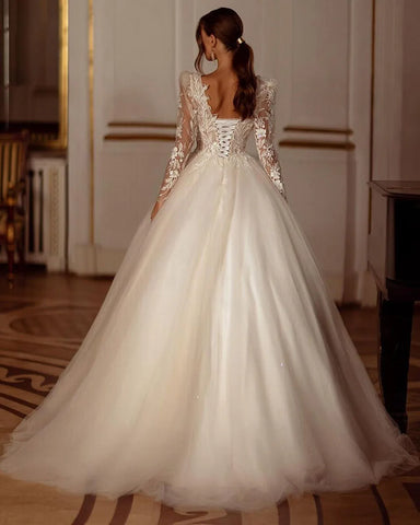 Glitter Champagner Brautkleider Langarm Appliques Spitze Moderne Brautkleid Tüll Brautkleid vestidos de novia 