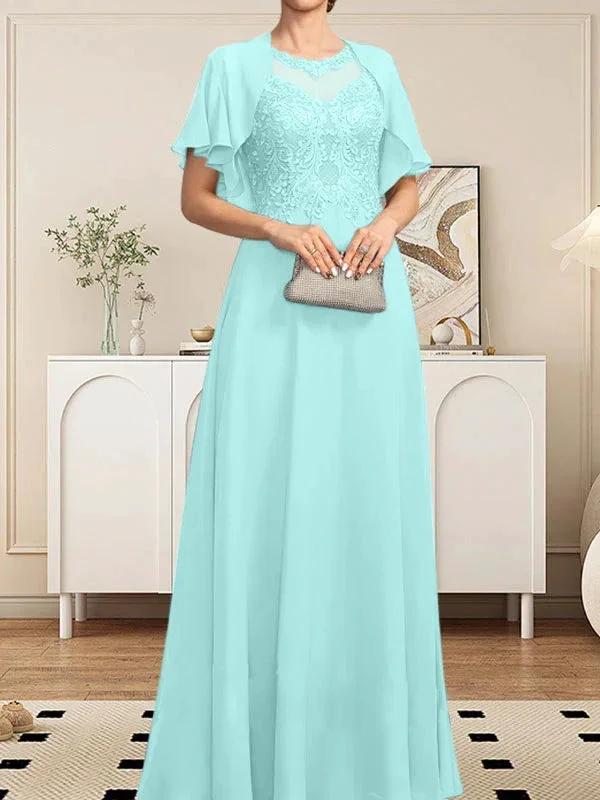 A-line Scoop Illusion Floor-Length Lace Chiffon Mother of the Bride Dress With Sequins by Dreamylily