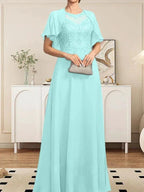 A-line Scoop Illusion Floor-Length Lace Chiffon Mother of the Bride Dress With Sequins by Dreamylily