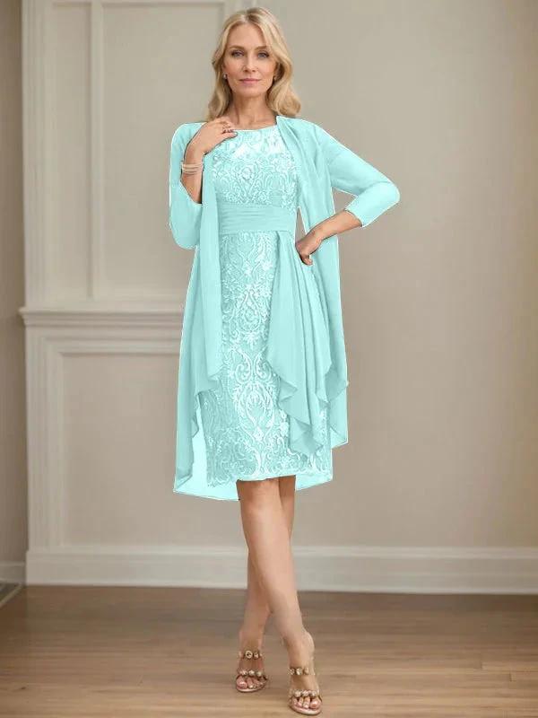 Sheath/Column Scoop Illusion Knee-Length Lace Chiffon Mother of the Bride Dress With Cascading Ruffles Sequins by Dreamylily