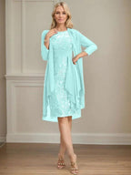 Sheath/Column Scoop Illusion Knee-Length Lace Chiffon Mother of the Bride Dress With Cascading Ruffles Sequins by Dreamylily