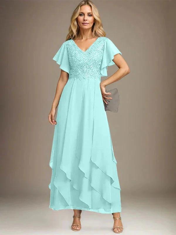A-line V-Neck Ankle-Length Lace Chiffon Mother of the Bride Dress With Cascading Ruffles by Dreamylily