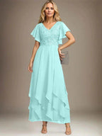 A-line V-Neck Ankle-Length Lace Chiffon Mother of the Bride Dress With Cascading Ruffles by Dreamylily