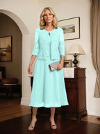A-line Scoop Tea-Length Lace Chiffon Mother of the Bride Dress With Sequins by Dreamylily