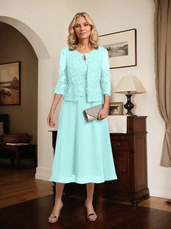 A-line Scoop Tea-Length Lace Chiffon Mother of the Bride Dress With Sequins by Dreamylily