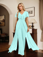 Jumpsuit/Pantsuit V-Neck Floor-Length Chiffon Evening Dress