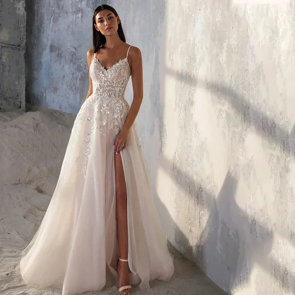 Spaghetti Strap Wedding Dress A-Line Sleeveless Side Slit Lace Appliques Backless Custom Made To Measures Robe De Mariee Beach by payinti