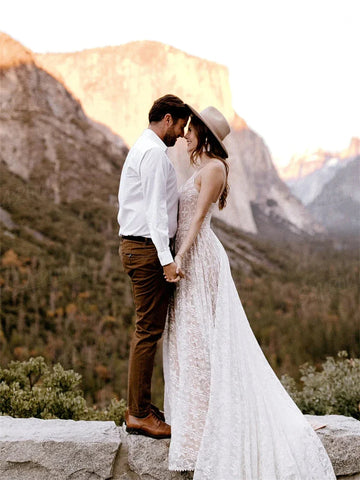 Straps Bohemian Wedding Dresses For Women Sleeveless V Neck A Line Beach Bride Dresses Romantic Boho Bridal Gown