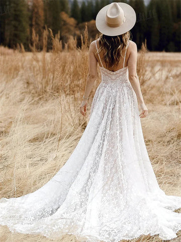 Straps Bohemian Wedding Dresses For Women Sleeveless V Neck A Line Beach Bride Dresses Romantic Boho Bridal Gown