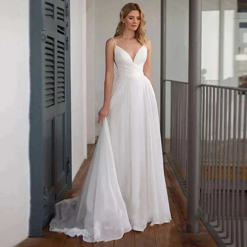 Spaghetti Straps V Neck Criss-Cross Wedding Dress Sweep Train Sleeveless Chiffon Bride Gown Robe De Mariée Beach Wedding Gown by payinti