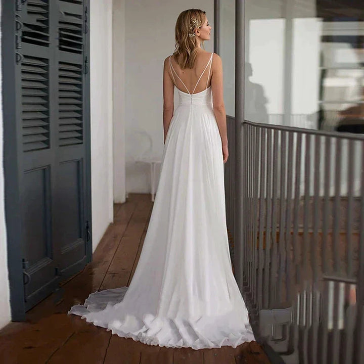 Spaghetti Straps V Neck Criss-Cross Wedding Dress Sweep Train Sleeveless Chiffon Bride Gown Robe De Mariée Beach Wedding Gown by payinti
