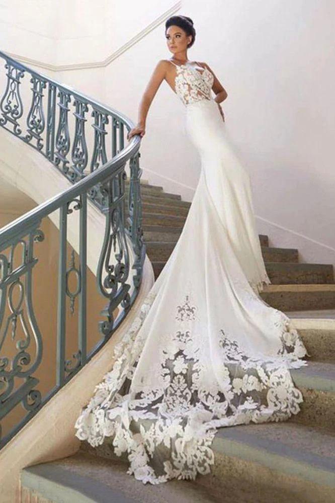Spaghetti Strap Backless Applique Fitted Mermaid Wedding Dresses WD565 by pgmdress