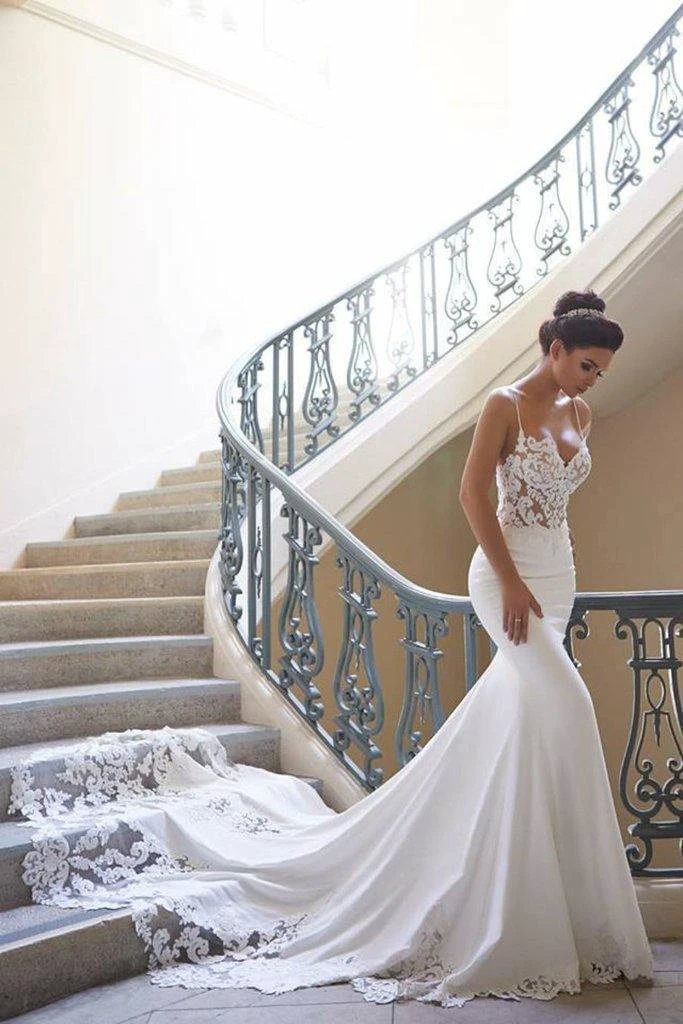 Spaghetti Strap Backless Applique Fitted Mermaid Wedding Dresses WD565 by pgmdress
