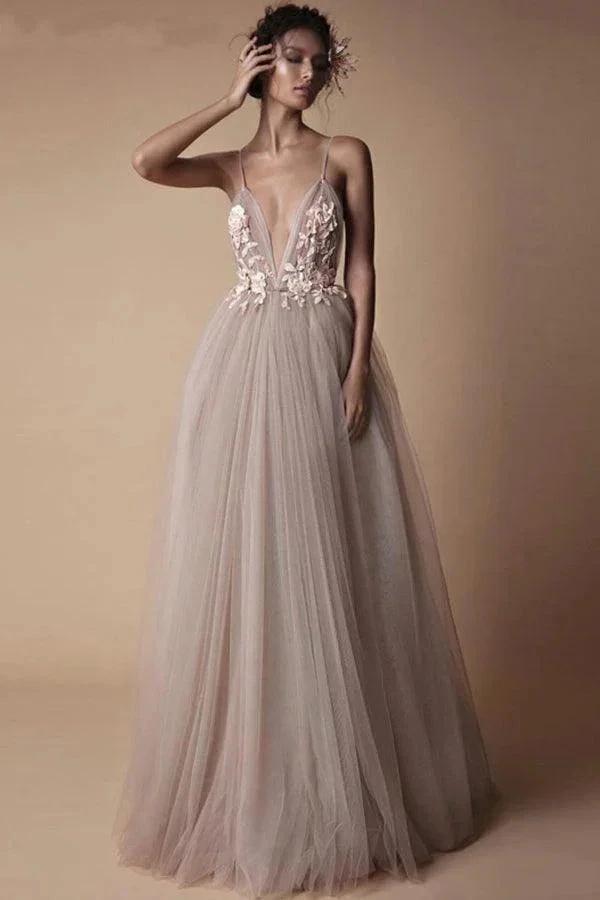 Spaghetti Strap Deep V Neck Beach Wedding Dresses With Applique WD321 by pgmdress