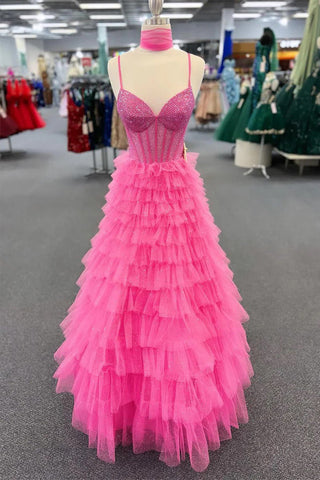 Vestido de fiesta largo rosa intenso con tirantes finos y cuentas en capas PSK578