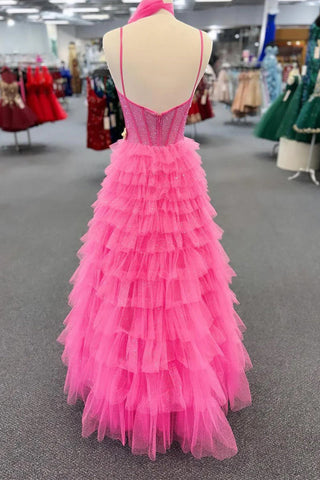 Vestido de fiesta largo rosa intenso con tirantes finos y cuentas en capas PSK578