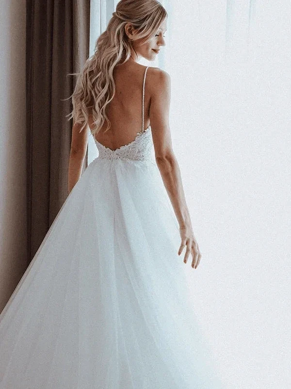 Spaghetti Straps Beaded Appliqued A-line Tulle Wedding Dresses WD550 by pgmdress