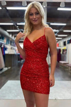 Spaghetti Straps Bodycon Sequined Royal Blue Homecoming Dress PD568 by pgmdress