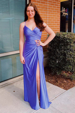 Vestido de fiesta morado con tirantes finos, espalda tipo corsé y abertura (PSK477)