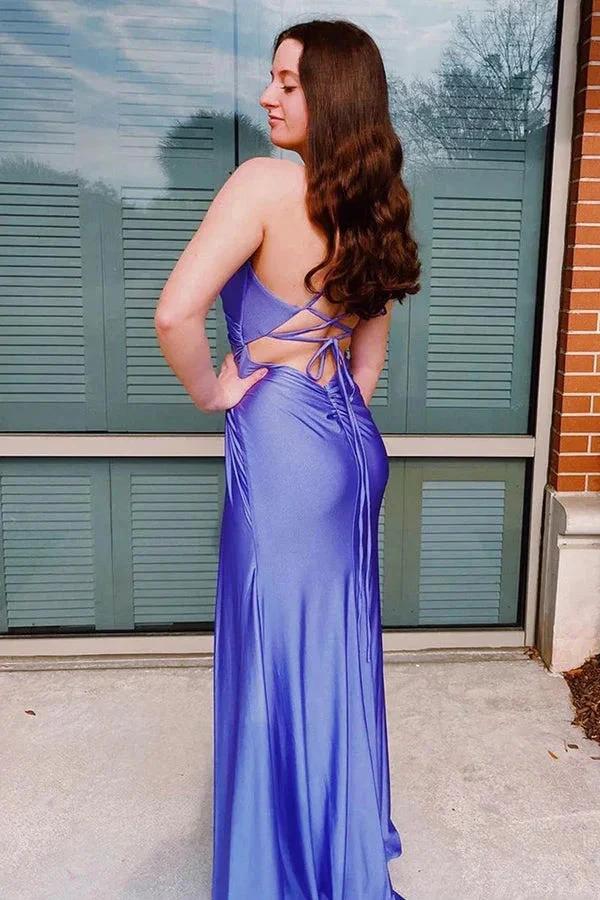 Sheath Spaghetti Straps Corset Back Purple Prom Dress With Split PSK477 by pgmdress