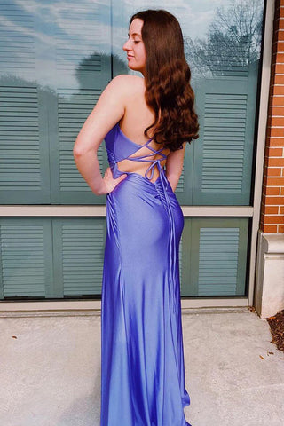 Vestido de fiesta morado con tirantes finos, espalda tipo corsé y abertura (PSK477)