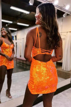 Spaghetti Straps Tight Orange Homecoming Dress Short Prom Dress PD525 by pgmdress