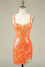 Spaghetti Straps Tight Orange Homecoming Dress Short Prom Dress PD525 by pgmdress