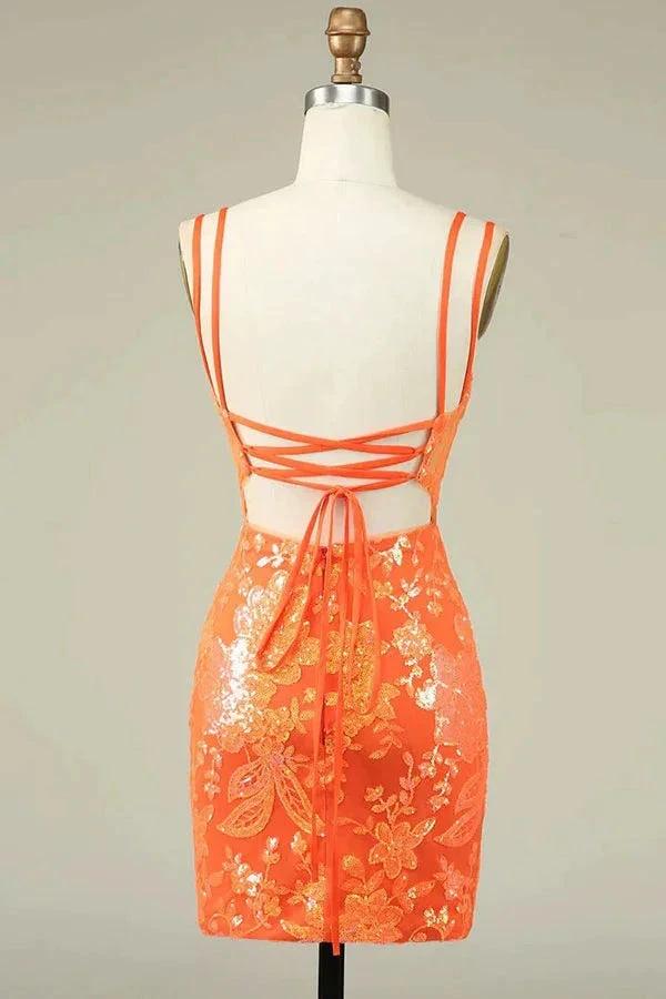 Spaghetti Straps Tight Orange Homecoming Dress Short Prom Dress PD525 by pgmdress