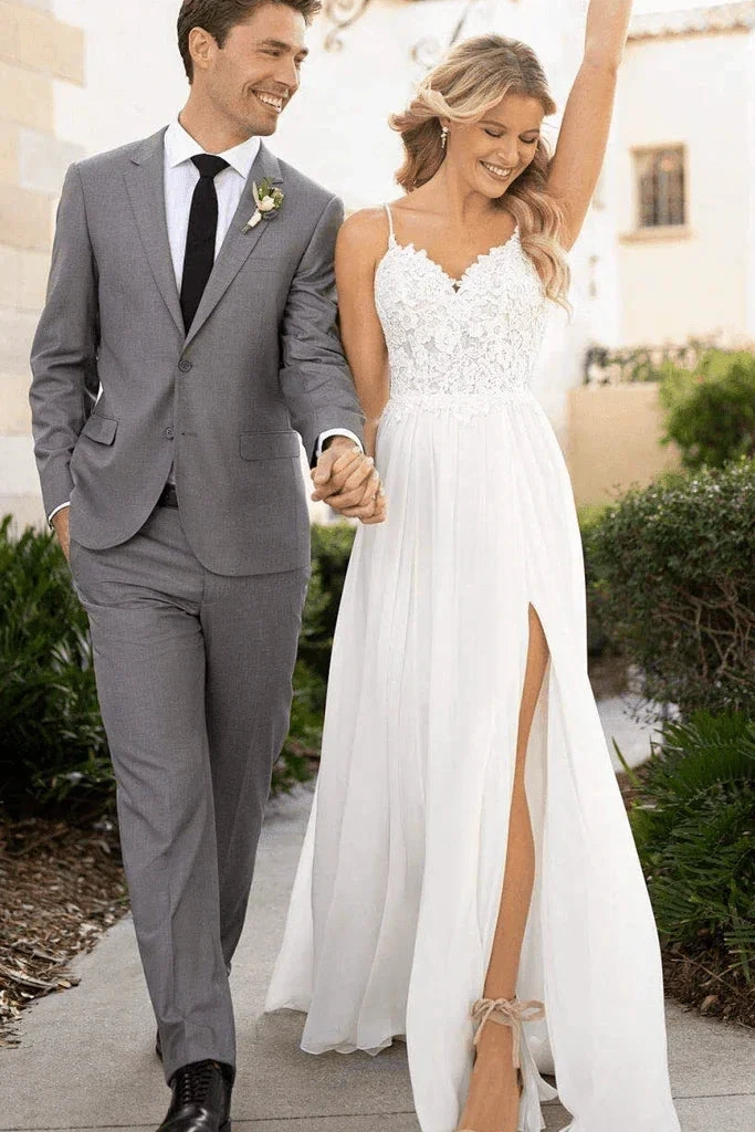 Spaghetti Straps Lace Split Chiffon Long Beach Wedding Dresses WD576 by pgmdress