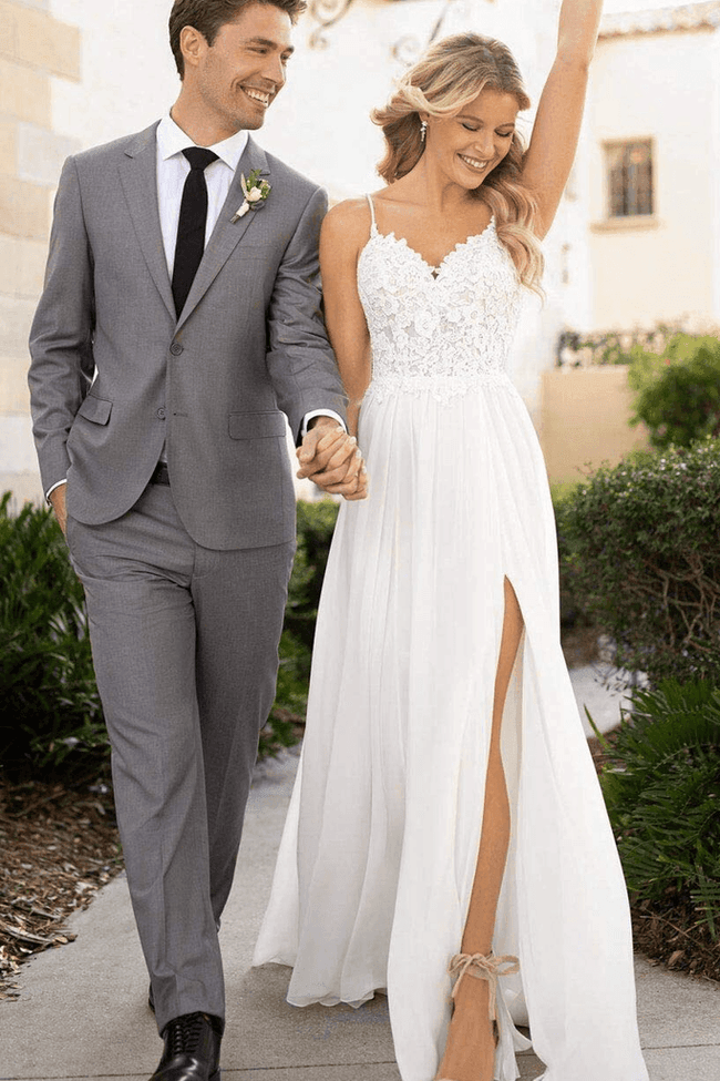 Spaghetti Straps Lace Split Chiffon Long Beach Wedding Dresses WD576 Hover Image