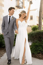 Spaghetti Straps Lace Split Chiffon Long Beach Wedding Dresses WD576 by pgmdress