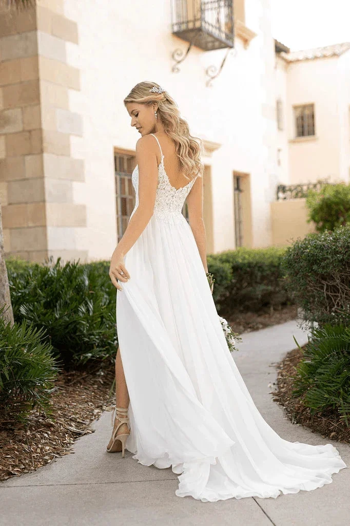 Spaghetti Straps Lace Split Chiffon Long Beach Wedding Dresses WD576 by pgmdress
