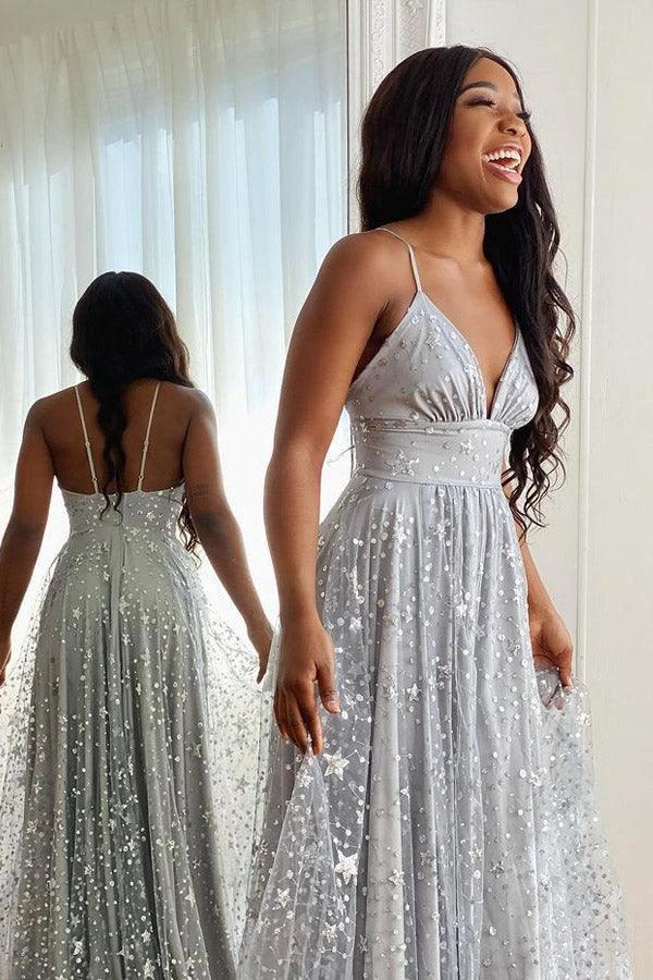 Spaghetti Straps Long Silver Tulle Prom Evening Dress With Split PSK369 by pgmdress