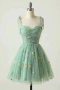 Spaghetti Straps Sleeveless A Line Tulle Floral Short Homecoming Dresses PD485 by pgmdress