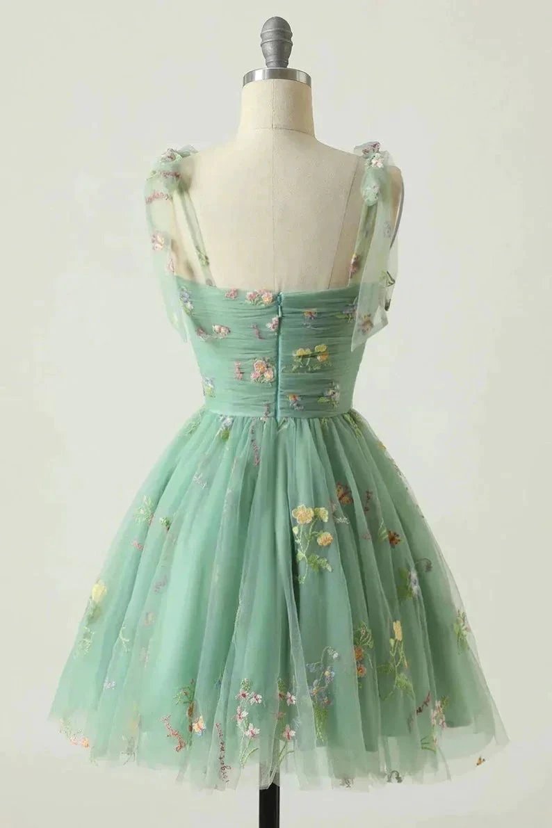 Spaghetti Straps Sleeveless A Line Tulle Floral Short Homecoming Dresses PD485 by pgmdress