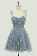Spaghetti Straps Sleeveless A Line Tulle Floral Short Homecoming Dresses PD485 by pgmdress