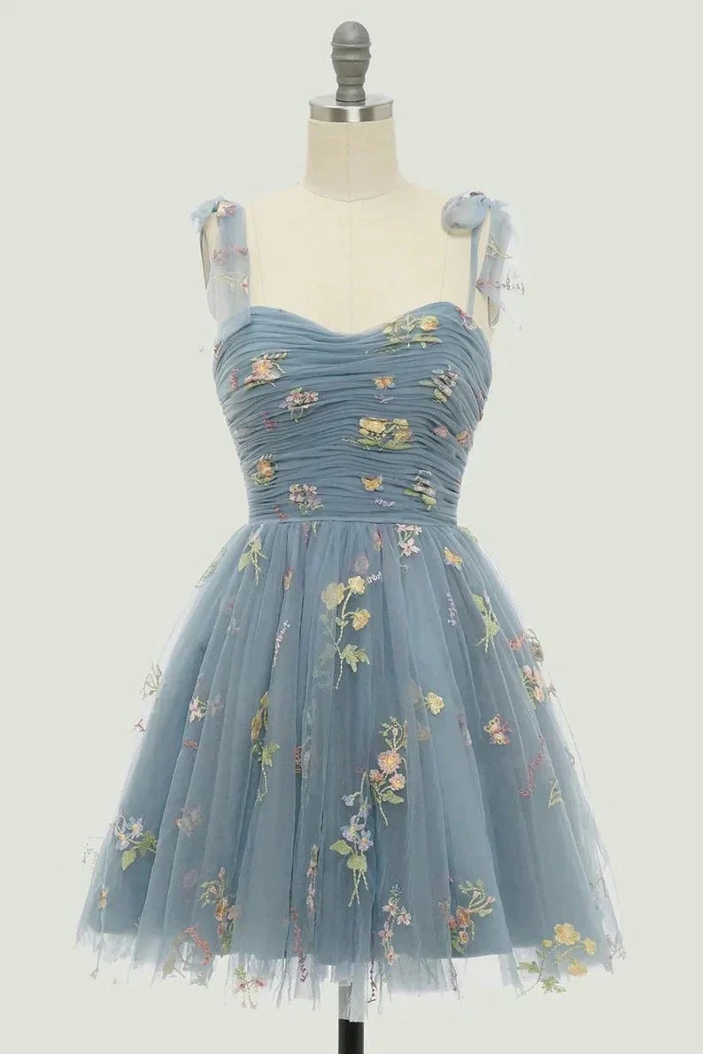 Spaghetti Straps Sleeveless A Line Tulle Floral Short Homecoming Dresses PD485 by pgmdress