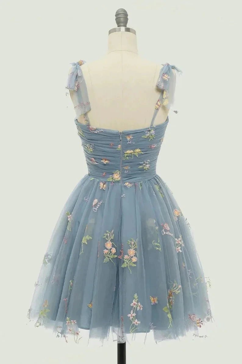 Spaghetti Straps Sleeveless A Line Tulle Floral Short Homecoming Dresses PD485 by pgmdress