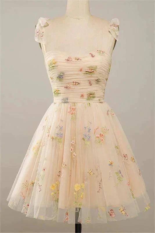 Spaghetti Straps Sleeveless A Line Tulle Floral Short Homecoming Dresses PD485 by pgmdress