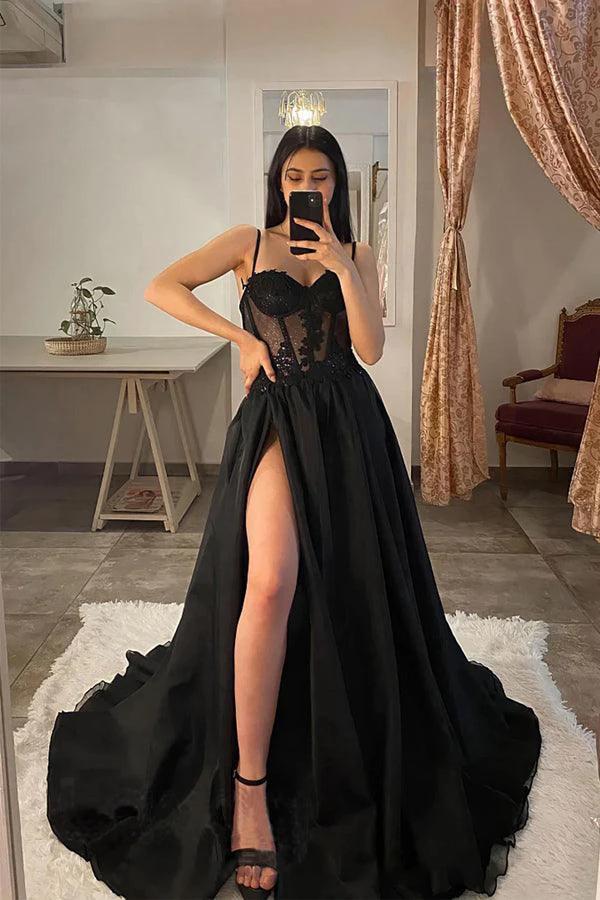 Spaghetti Straps Thigh Split Lace Appliques Black Prom Dresses PSK359 by pgmdress