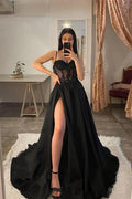 Spaghetti Straps Thigh Split Lace Appliques Black Prom Dresses PSK359 by pgmdress