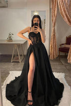 Spaghetti Straps Thigh Split Lace Appliques Black Prom Dresses PSK359 by pgmdress