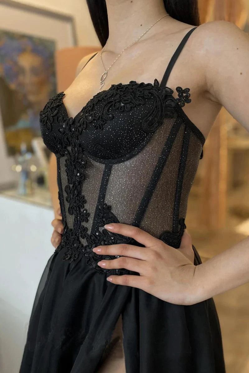 Spaghetti Straps Thigh Split Lace Appliques Black Prom Dresses PSK359 by pgmdress
