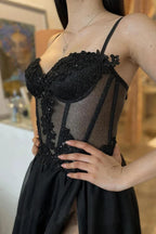 Spaghetti Straps Thigh Split Lace Appliques Black Prom Dresses PSK359 by pgmdress